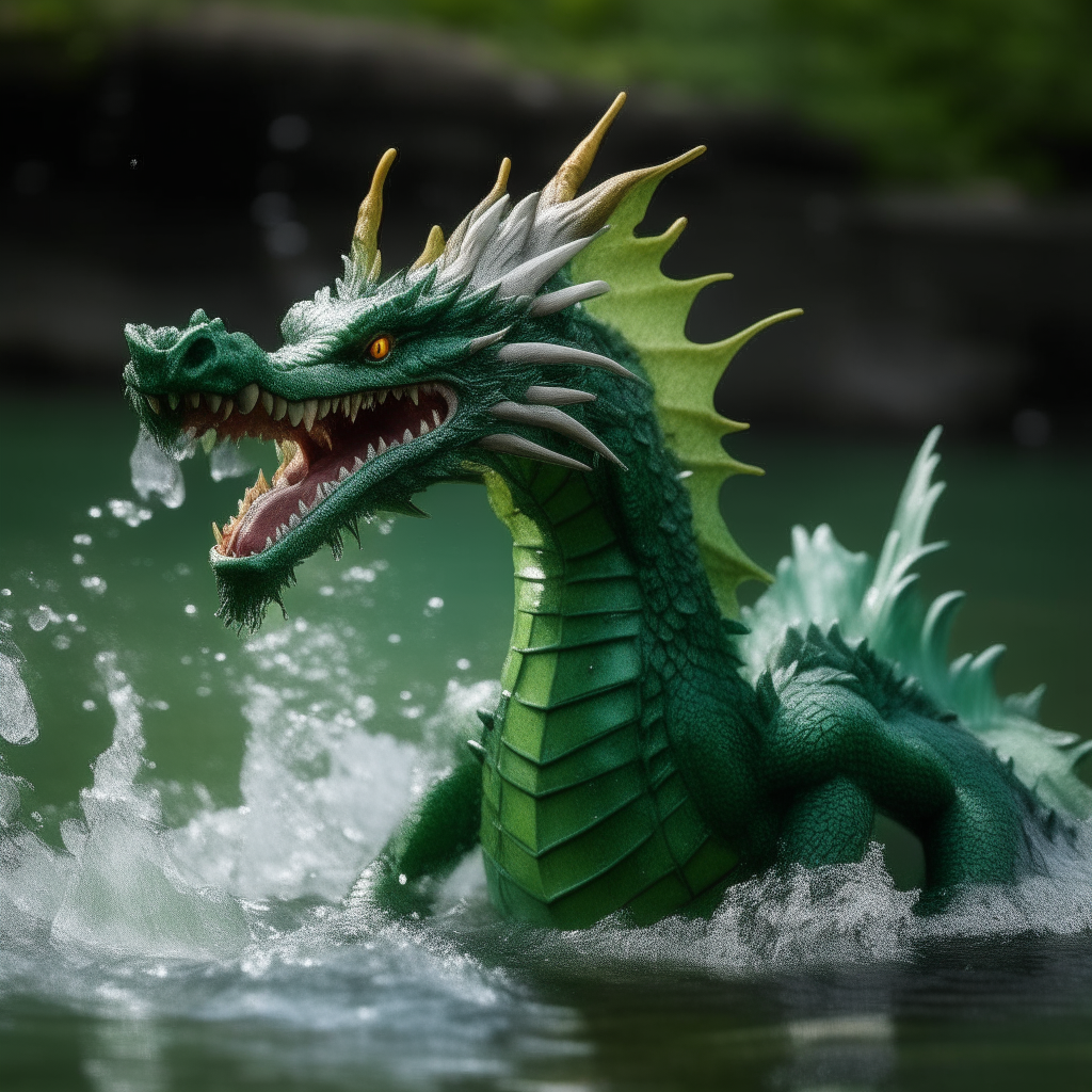 A green dragon emerging from a lake, water dripping from its scales