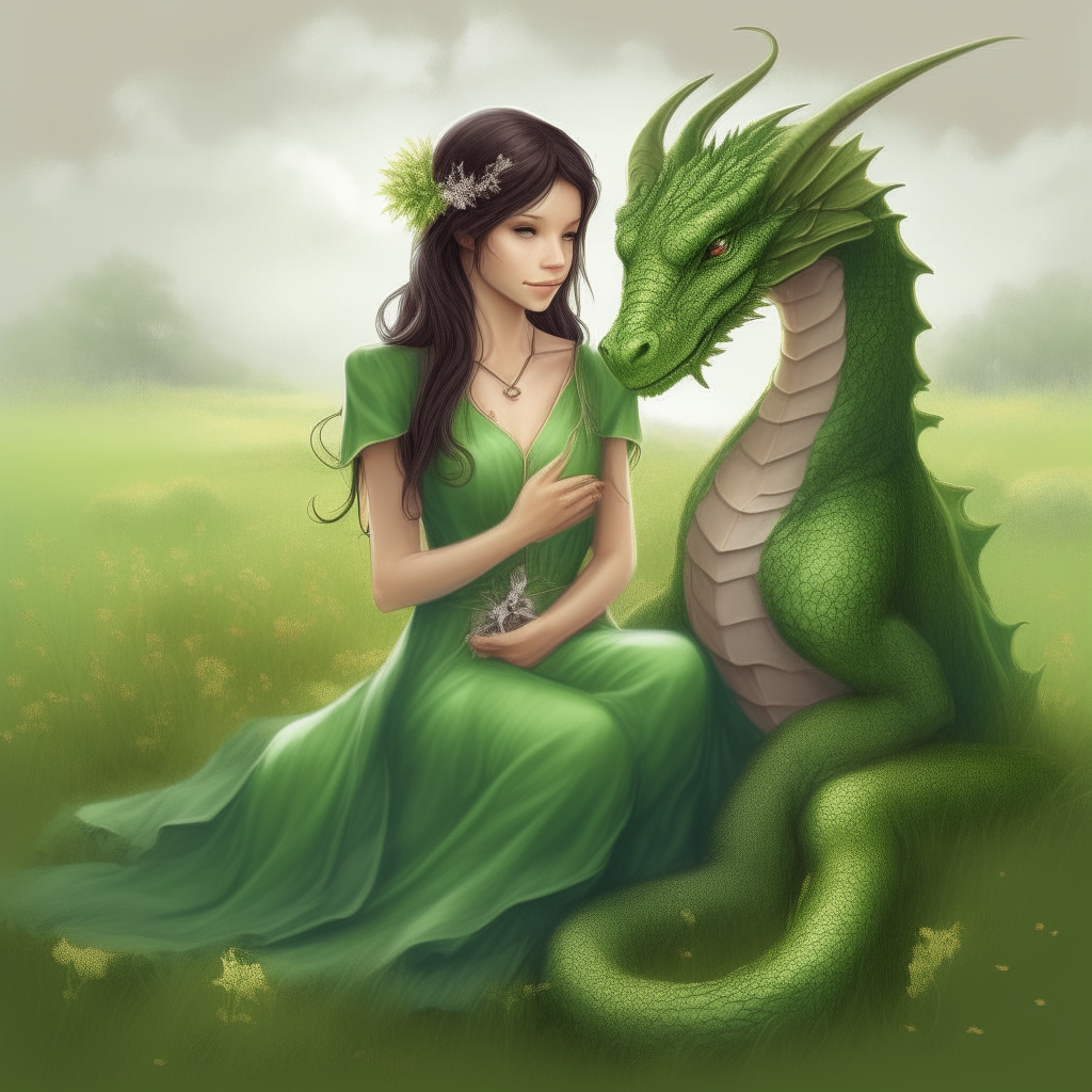 A beautiful angel girl sitting in a meadow, holding the paw of a green dragon