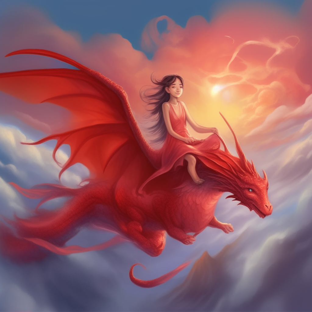 A beautiful angel girl flying through the clouds, riding on the back of a red dragon