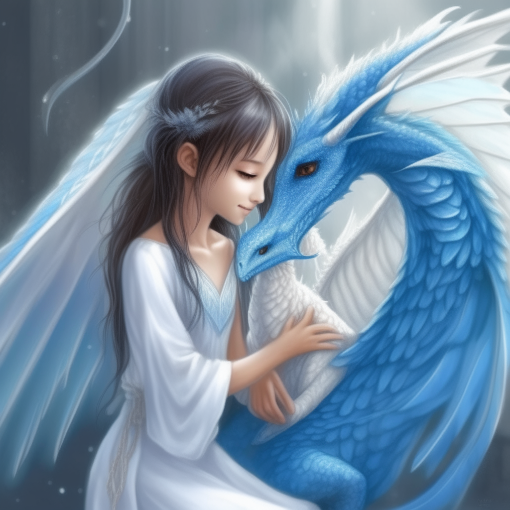 A beautiful angel girl with white wings, petting a blue dragon