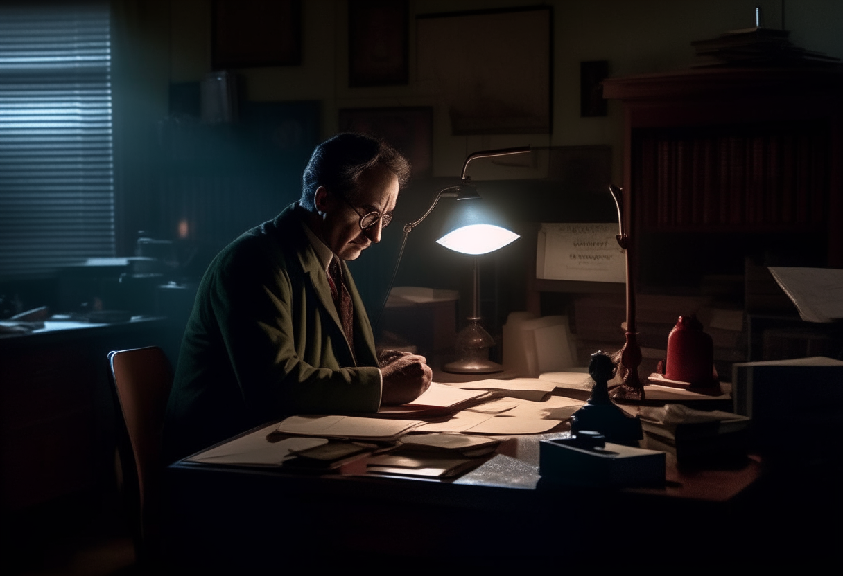 a dimly lit detective's office at night, Detective Adrian Barnes gazes intently at an important clue on his cluttered desk under a lamp