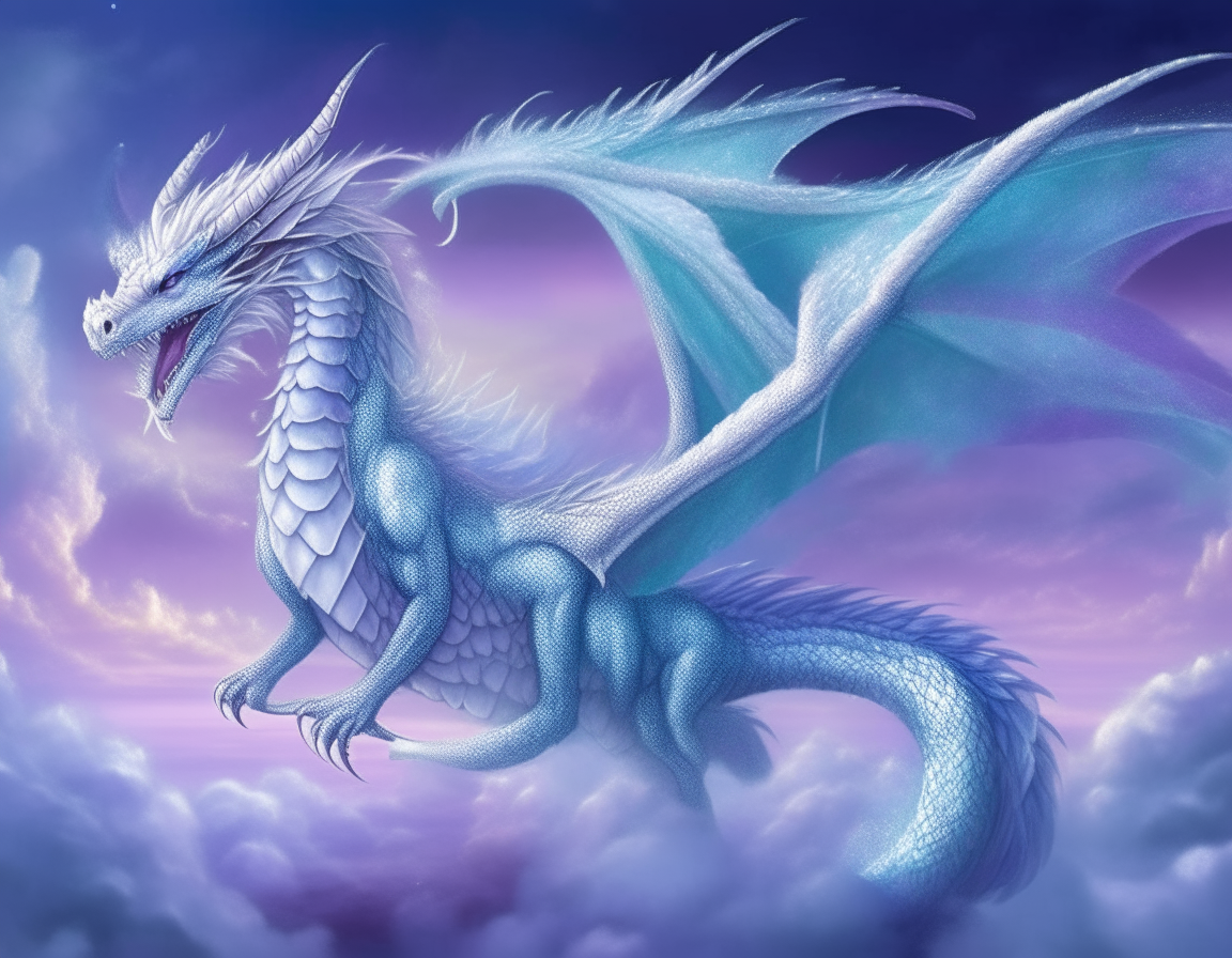 A majestic celestial dragon with iridescent blue and purple scales floating high in the clouds, gazing at a delicate angel with flowing white robes and wings