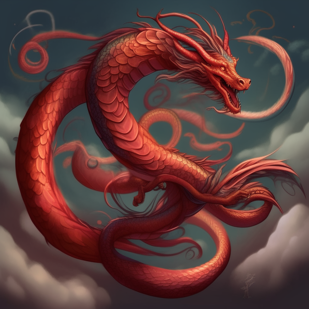 A majestic dragon with red scales coils its body in a spiral as it dances through the sky