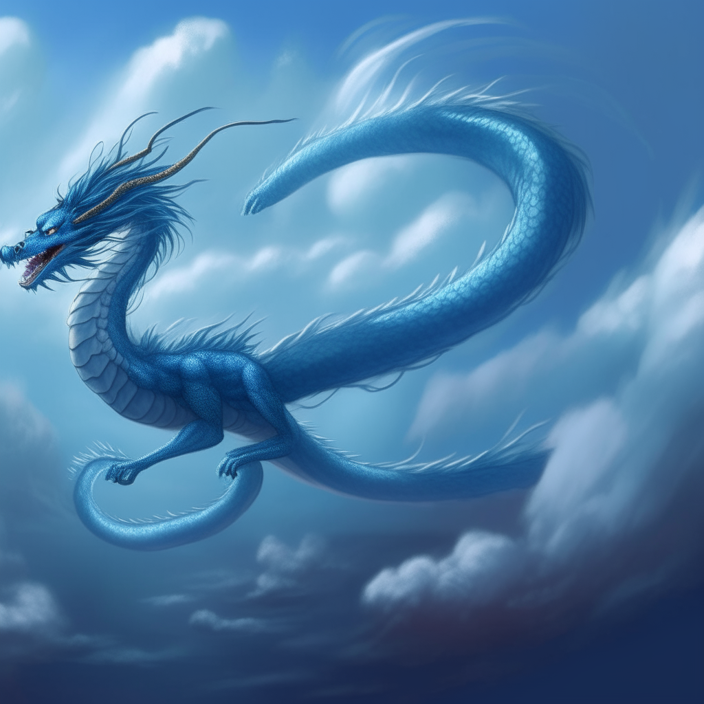 A magical blue dragon twirls in the clouds, its long tail winding around it like a spiral as it pirouettes in the air