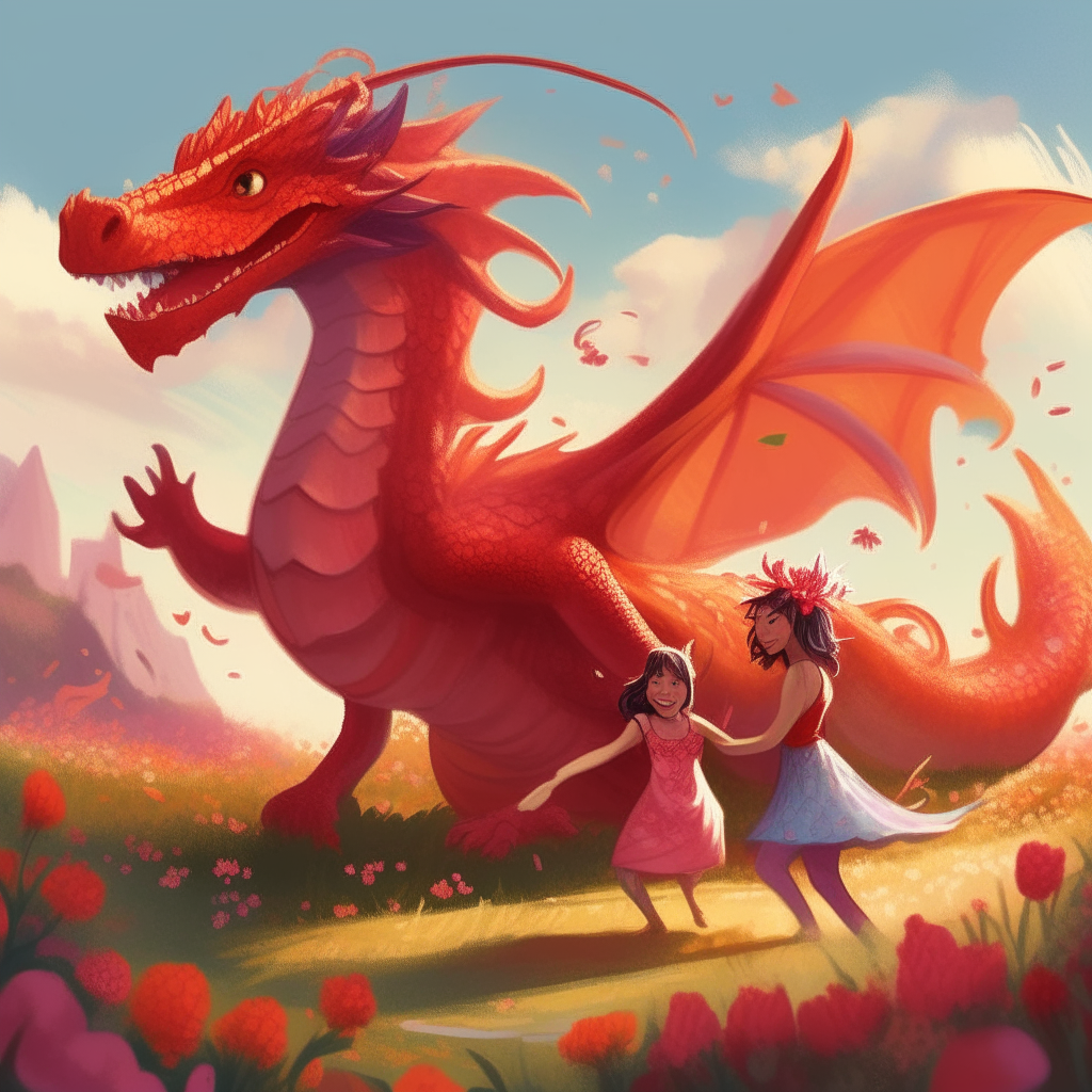 A dragon with red scales dances joyfully with a smiling young girl in a flowery meadow on a sunny day. The dragon's wings are spread wide as it spins and dips with the girl in its claws.