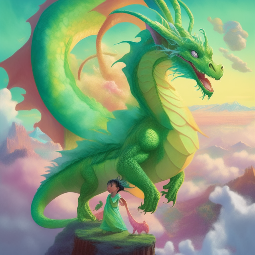 In a colorful fantasy land, a green dragon lifts a giggling child up high in its claws. They twirl through the air together against a backdrop of cotton candy clouds and a rainbow.