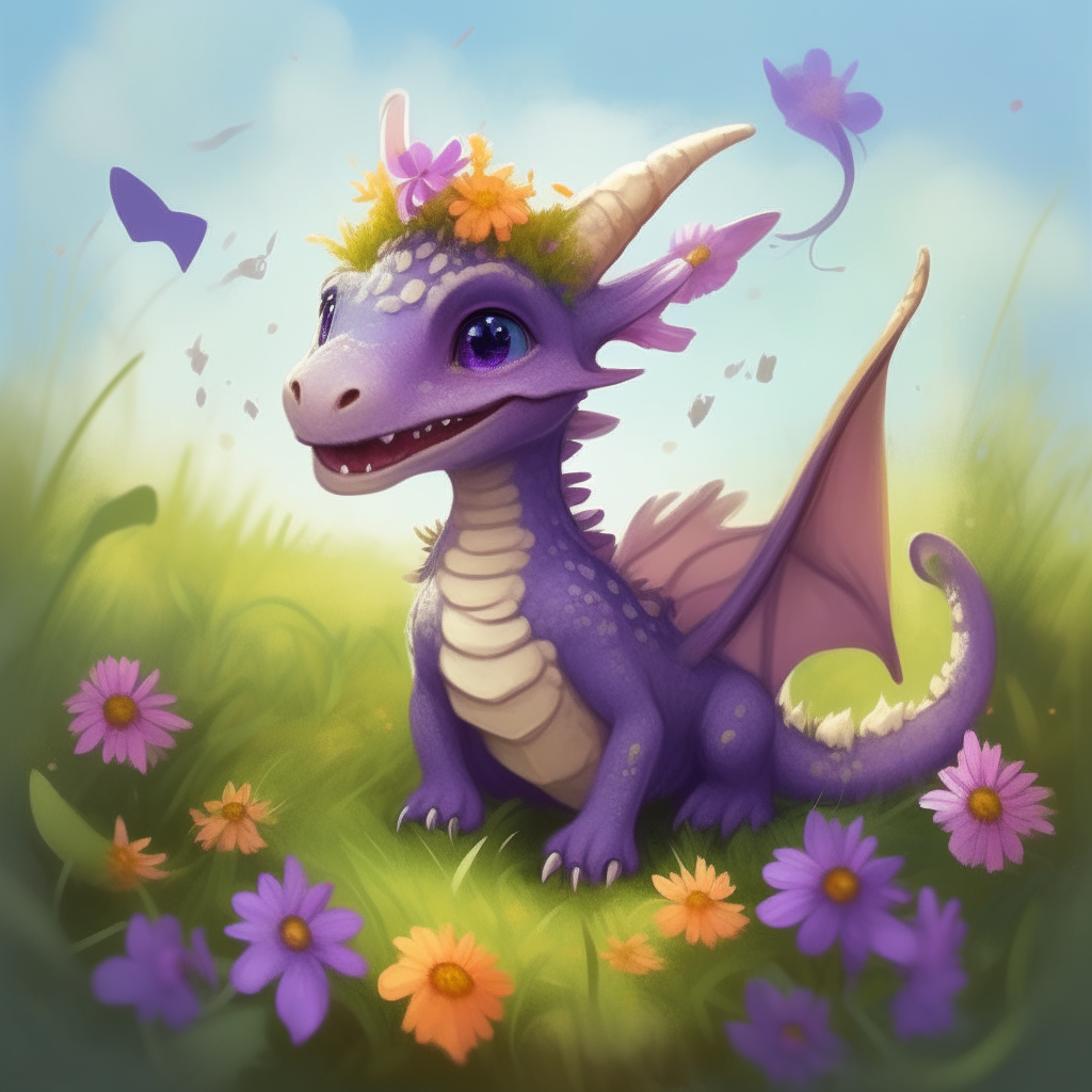 A tiny dragon with purple scales gently picks colorful wildflowers in a sunny meadow. She wears a flower crown and smiles happily as the breeze blows through her frilly wings.