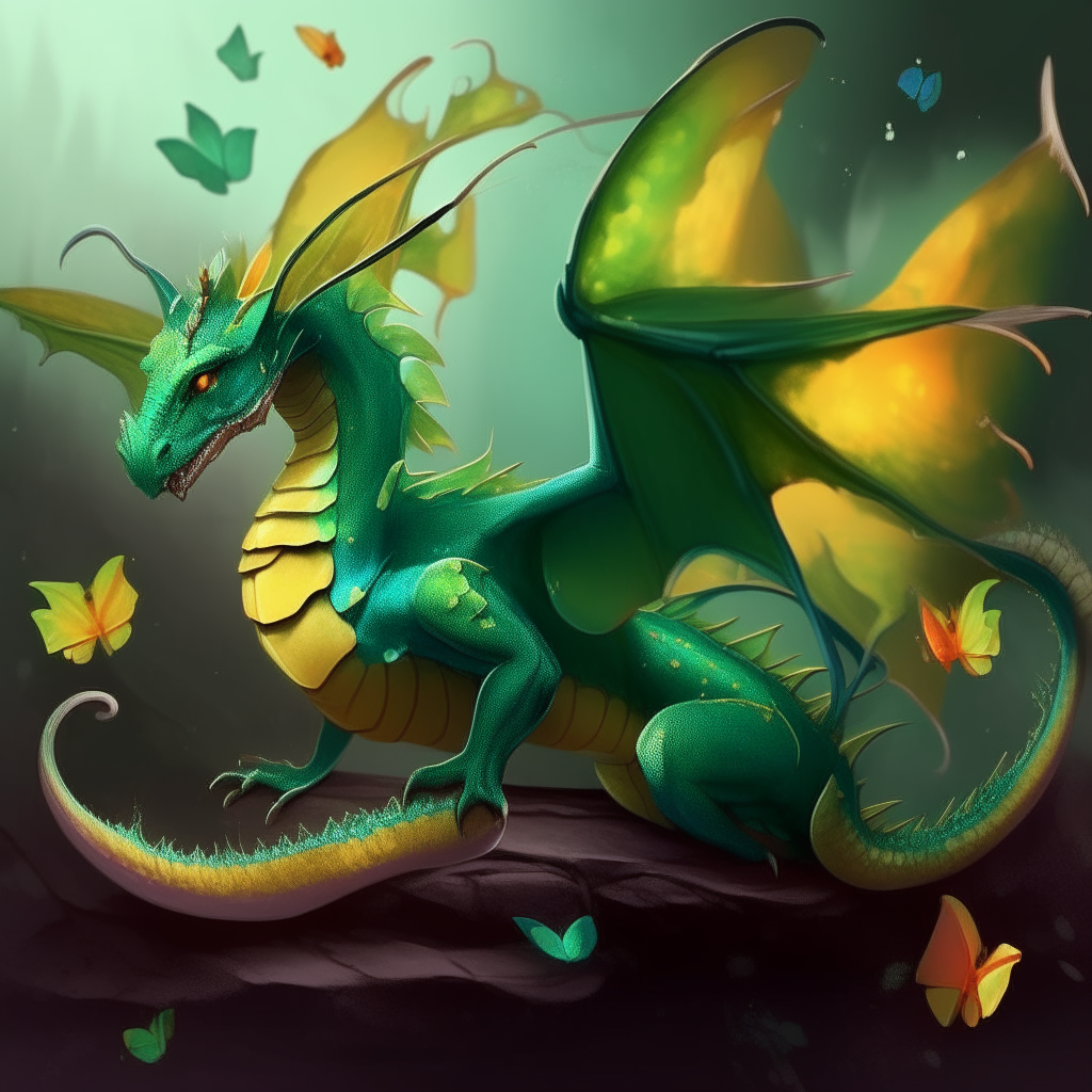 A dragon with green scales gently batting at colorful butterflies with its claws