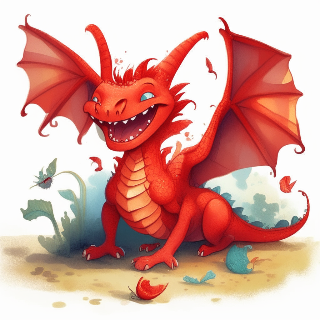A smiling dragon with red wings laughing as butterflies tickle its face with their wings