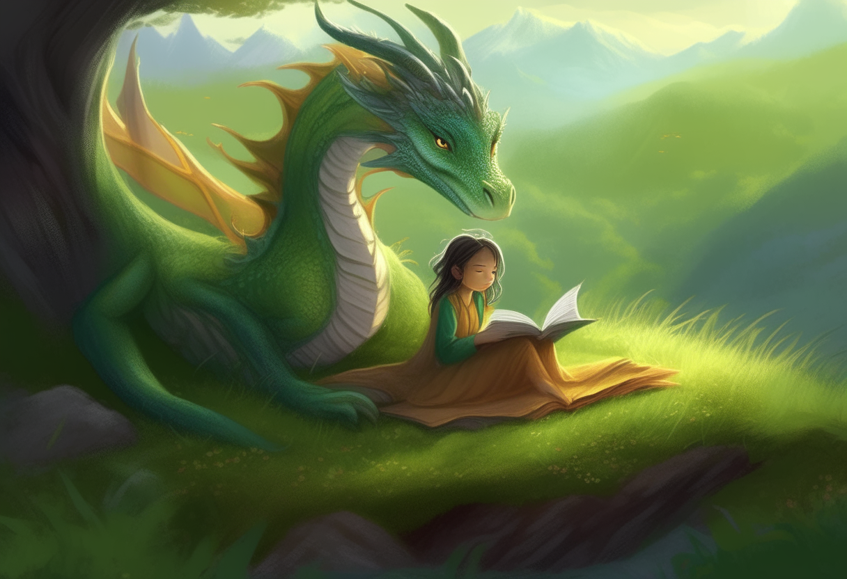 A majestic dragon with iridescent green scales lounging on a grassy hill, a young girl sits next to it reading a storybook aloud. The dragon watches her intently with curious yellow eyes as the wind gently blows through the trees.