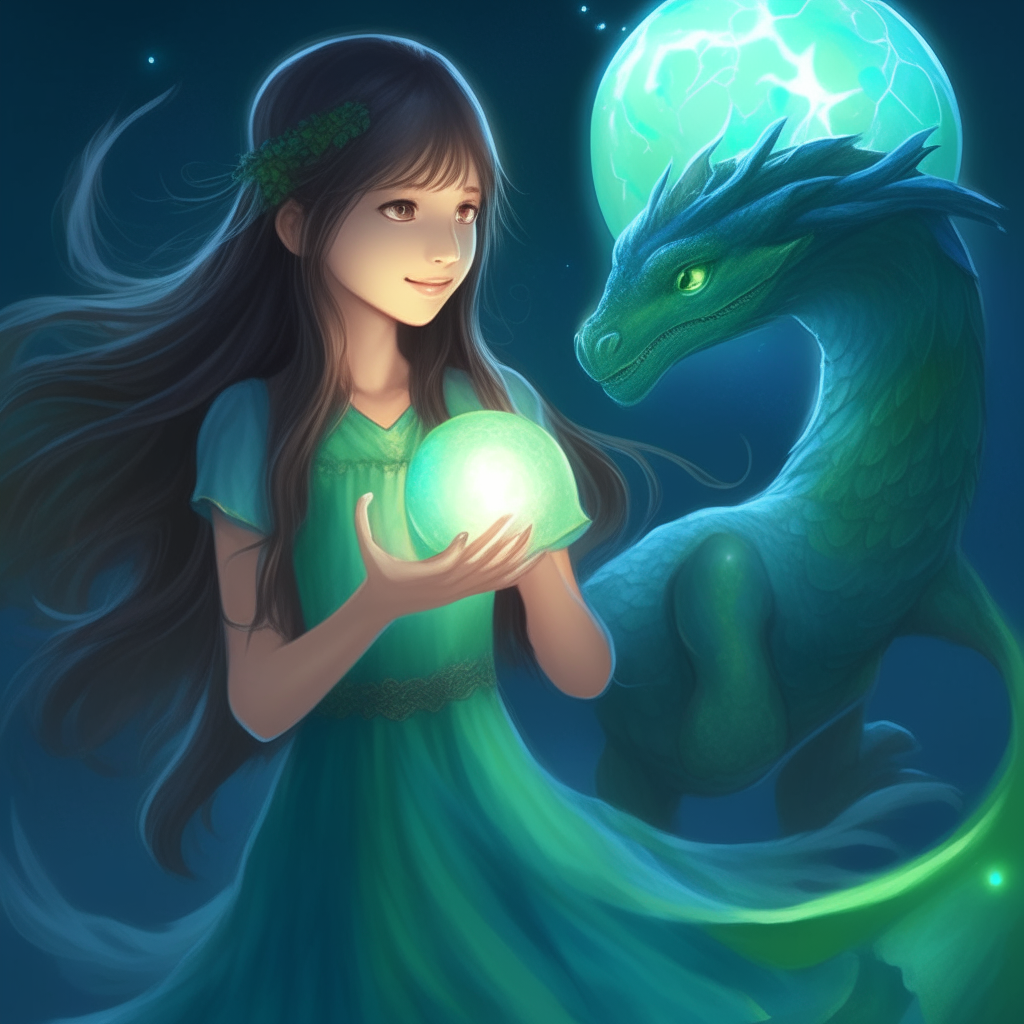 A young girl with long brown hair wearing a blue dress. She has her hands outstretched, with a glowing ball of light floating between them. A small green dragon with wings and a tail is hovering next to her, its claws outstretched and also contributing magical energy to the ball of light.