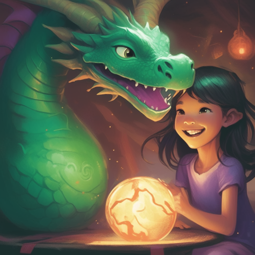 The same girl and green dragon, but this time the ball of magical light is larger and several different colored magical sparks are shooting off from it. The girl and dragon both have excited smiles on their faces as they work together to cast their spell.