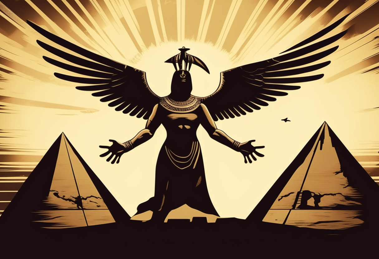 the Egyptian god Horus soaring through the sky with his wings spread wide, hovering above the three great pyramids of Giza as the sun casts his shadow upon the landscape below in a graphic, high-contrast silhouette effect