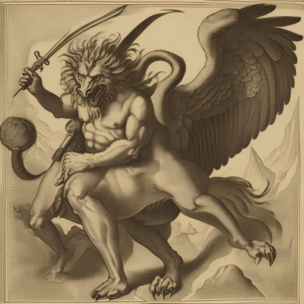 A mythical beast with the body of a lion and head and wings of an eagle, its talons clutch a spear as it prepares for battle