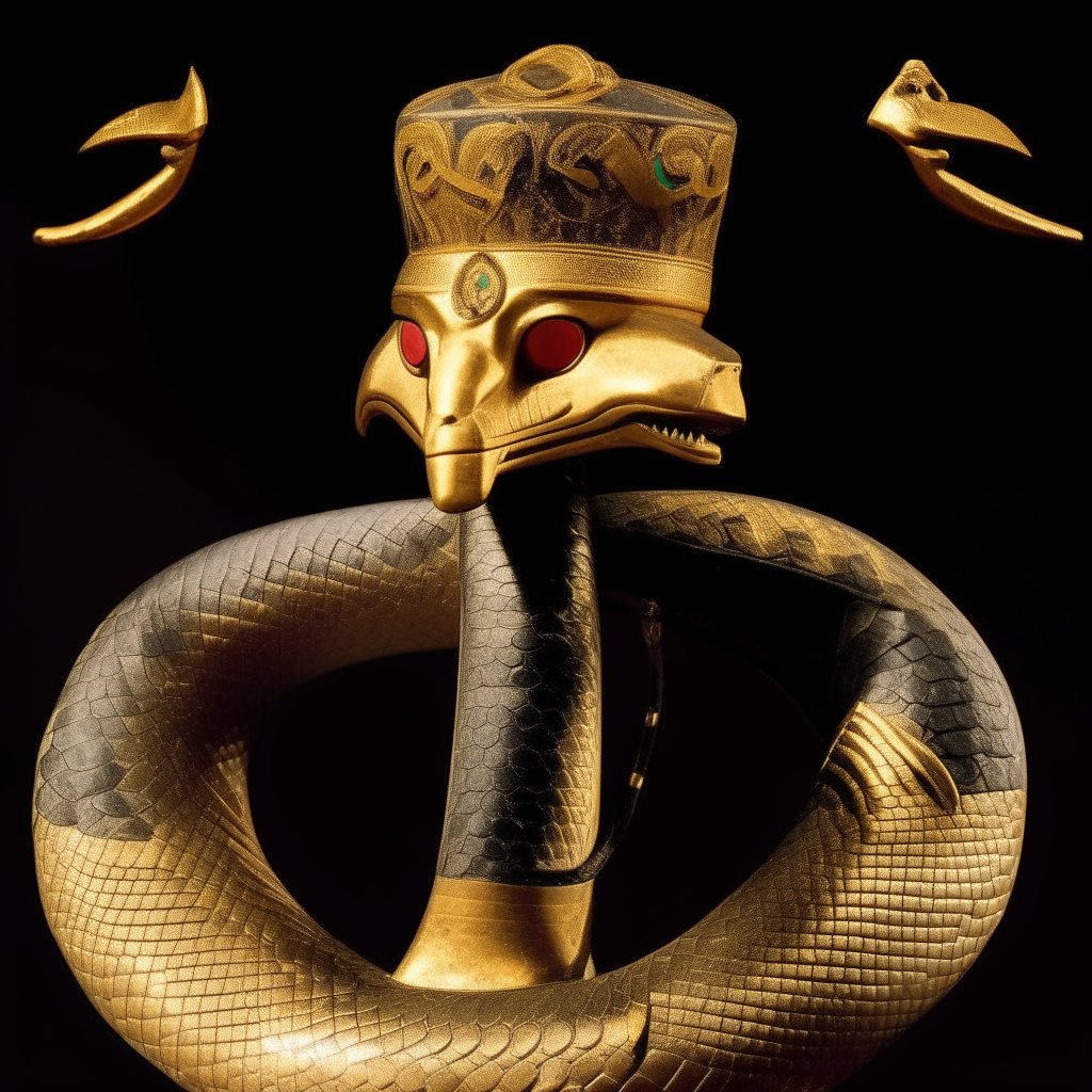 A cobra rears atop a crown, its hood flared wide as the symbol of Egyptian royalty known as Uraeus