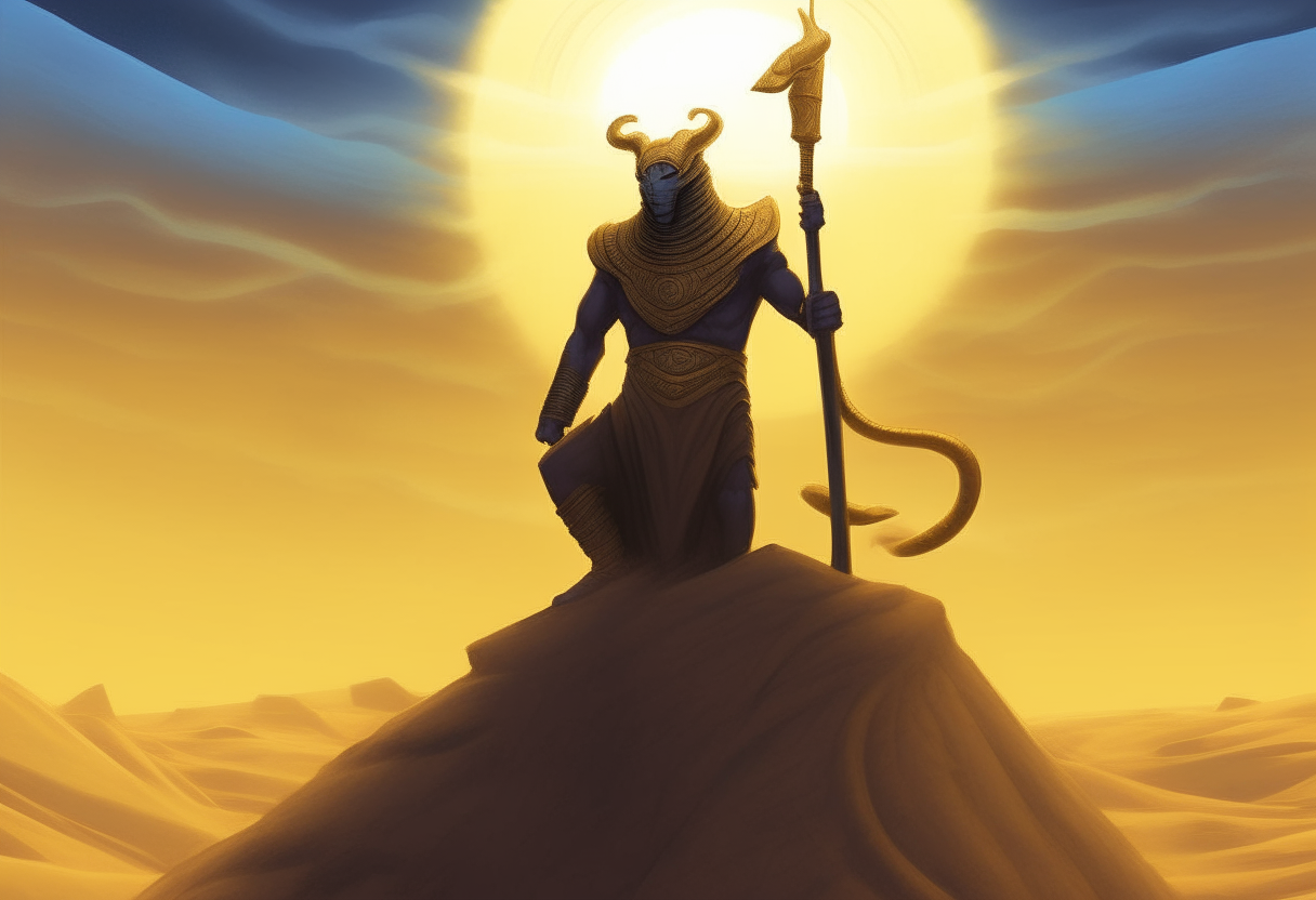 Ra atop a sand dune, staff glowing as the sun god faces the emerging demon Apep below