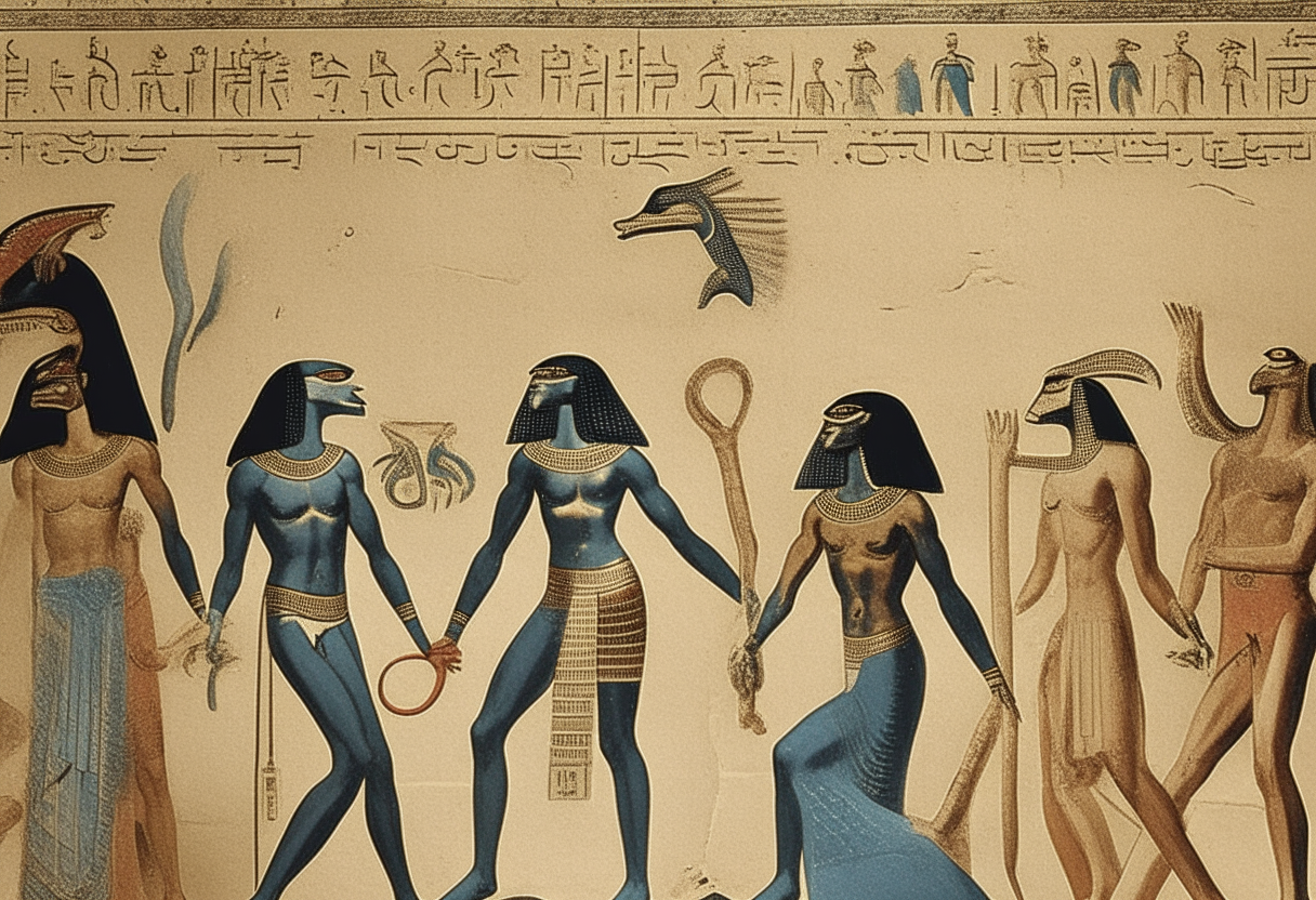 Apep lunges at Ra from below as Horus, Isis and Nephthys watch from a cliff above