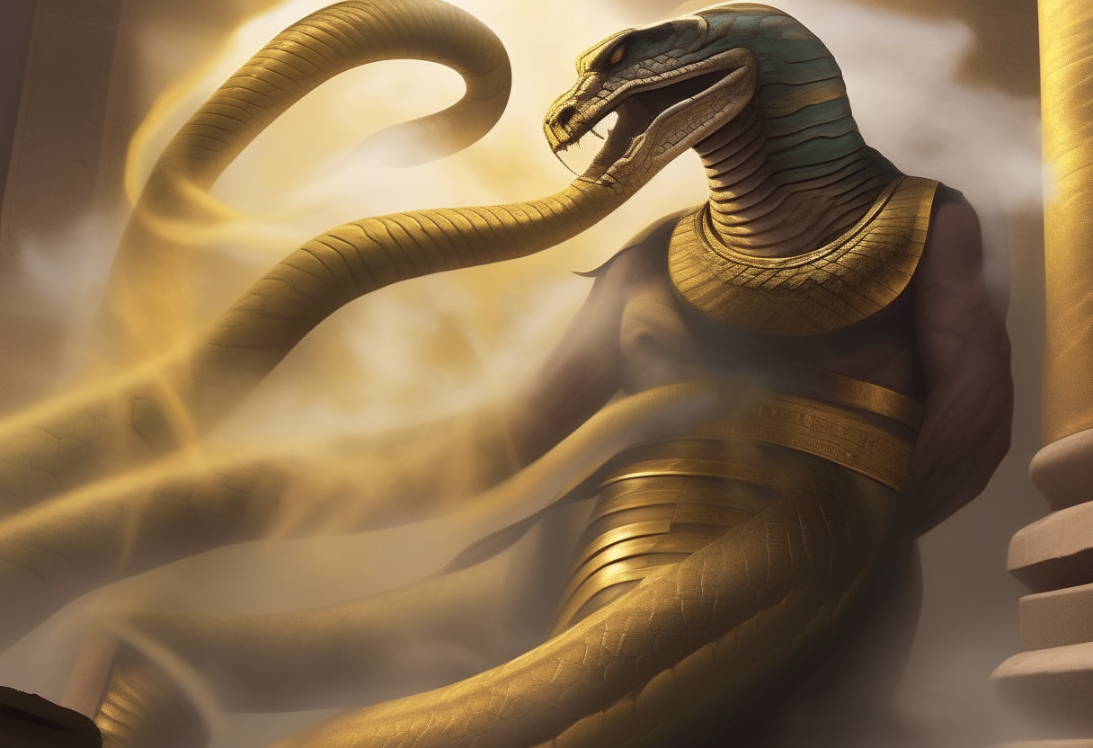 Ra blasts Apep with sunlight, causing the serpent to recoil in pain as smoke rises from its scales