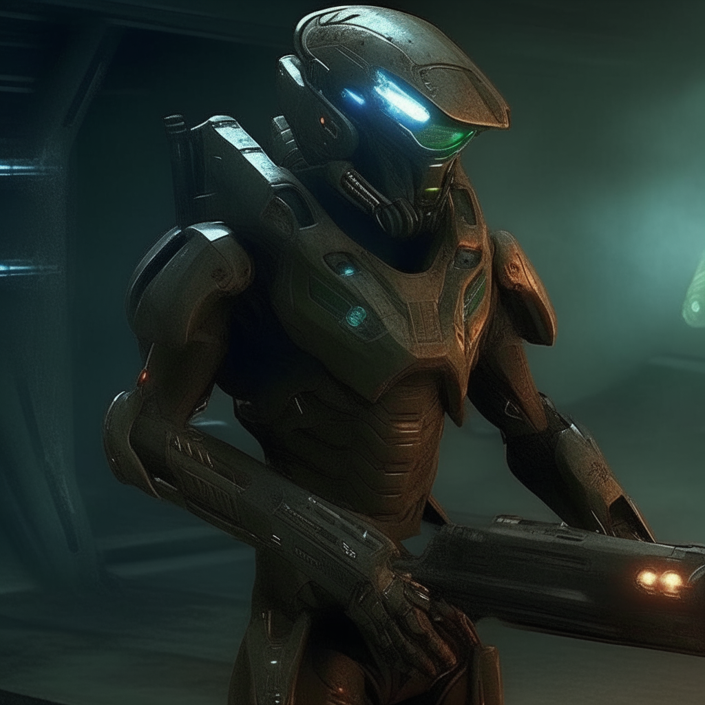 An armored alien stands holding an ancient yet advanced laser weapon. Its exoskeleton is covered in technological plating, and a sleek helmet conceals its face as it surveys the battlefield