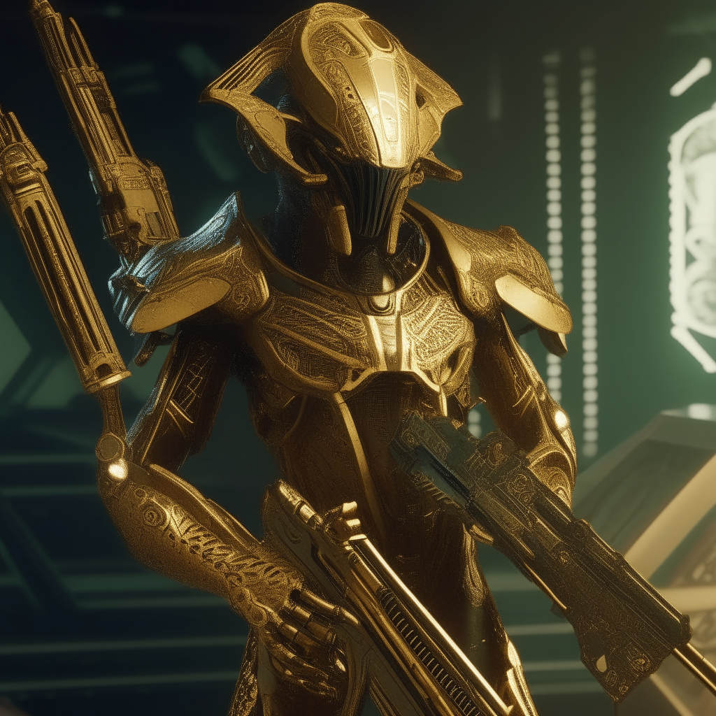 An armored alien in gold-plated armor stands holding an ancient laser weapon. Its exoskeleton is covered in ornate technological plates.