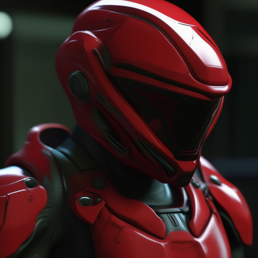 An alien wears red armor with a sleek helmet that conceals its face as it surveys the surroundings.