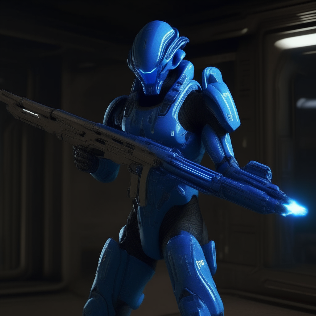 Armored in blue plating, an alien stands holding an advanced laser rifle with an elongated power cell.
