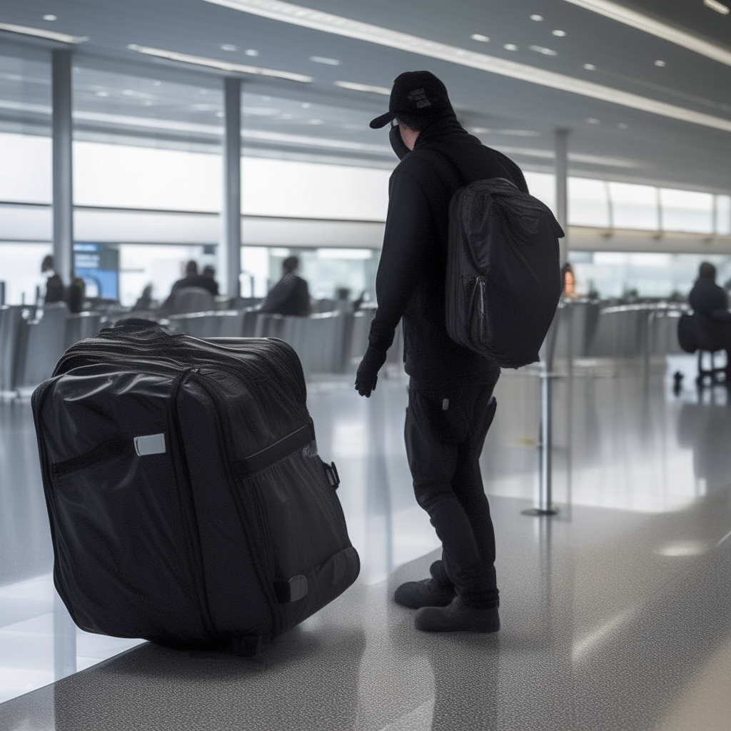 Un démon cornu se tient à l'intérieur d'un aéroport avec un sac noir