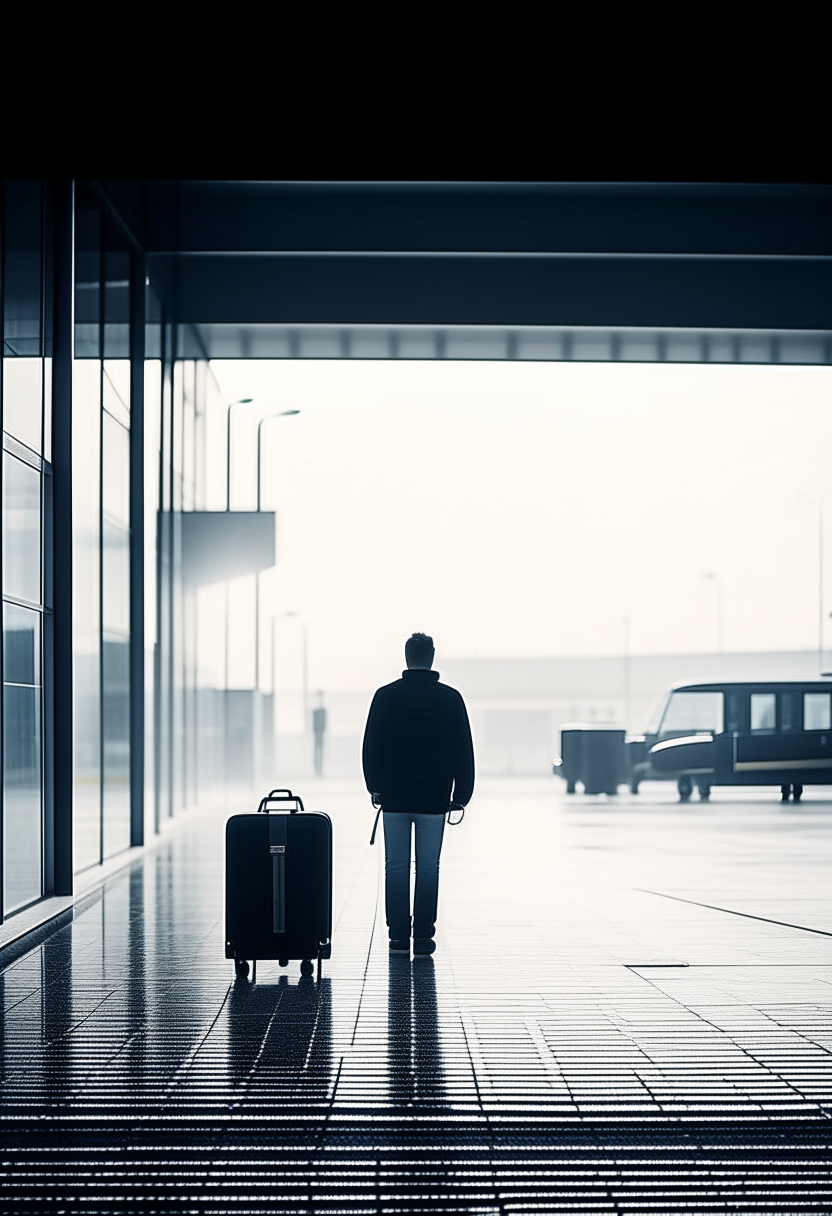 Un démon cornu se tient à l'intérieur d'un aéroport avec un sac noir