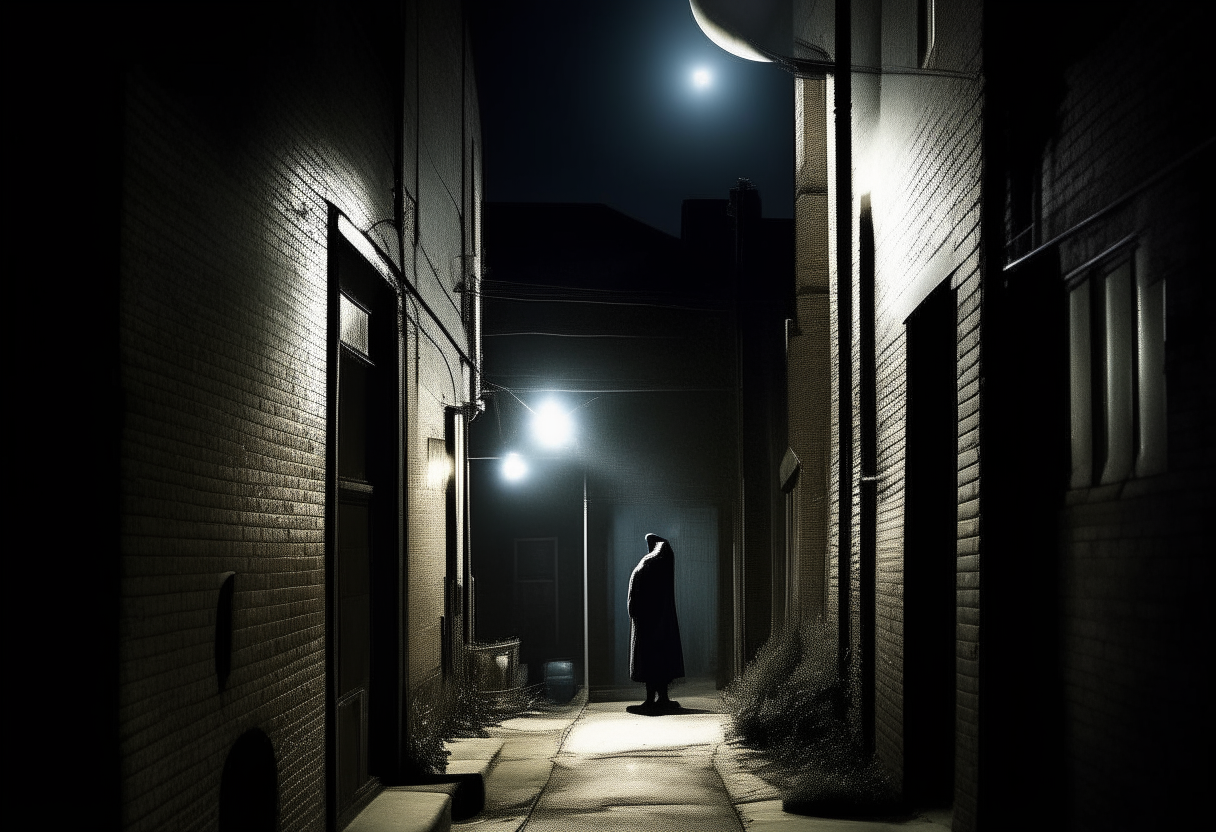A moonlit alleyway in old Ravenswood, a shadowy figure waits in an alcove under a flickering street lamp