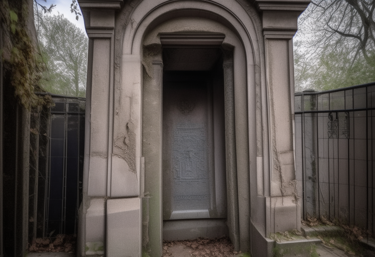 A crumbling mausoleum deep in the Ravenswood cemetery, the door ajar revealing a hidden compartment scratched with mysterious symbols