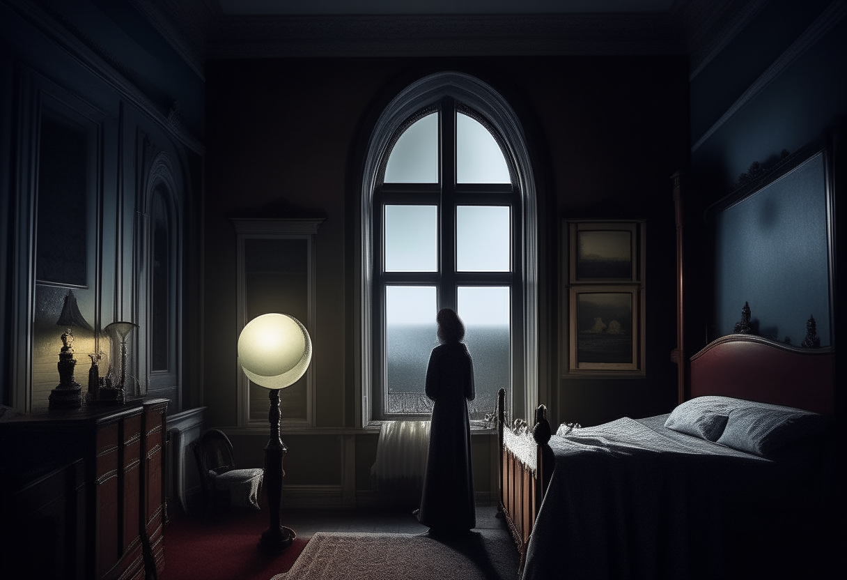 The upstairs bedroom of a Victorian manor overlooking Ravenswood, a hooded figure stands at the window gazing down at the town below under a full moon