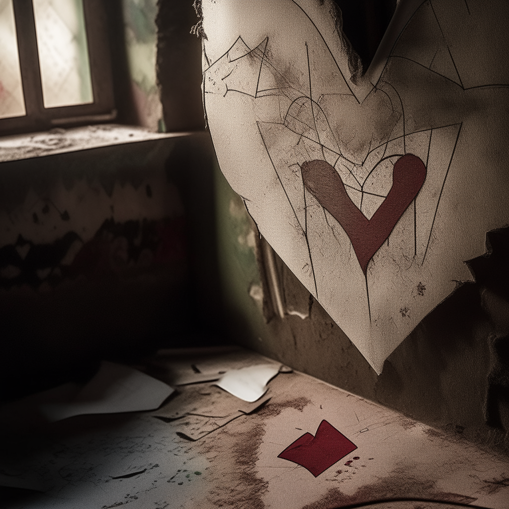 A close-up view of cryptic symbols scrawled on the peeling wallpaper in the heart of the abandoned asylum, their shifting patterns reflecting the pulsating tension as Adrian and Evelyn draw closer to unraveling the psychopath's plan
