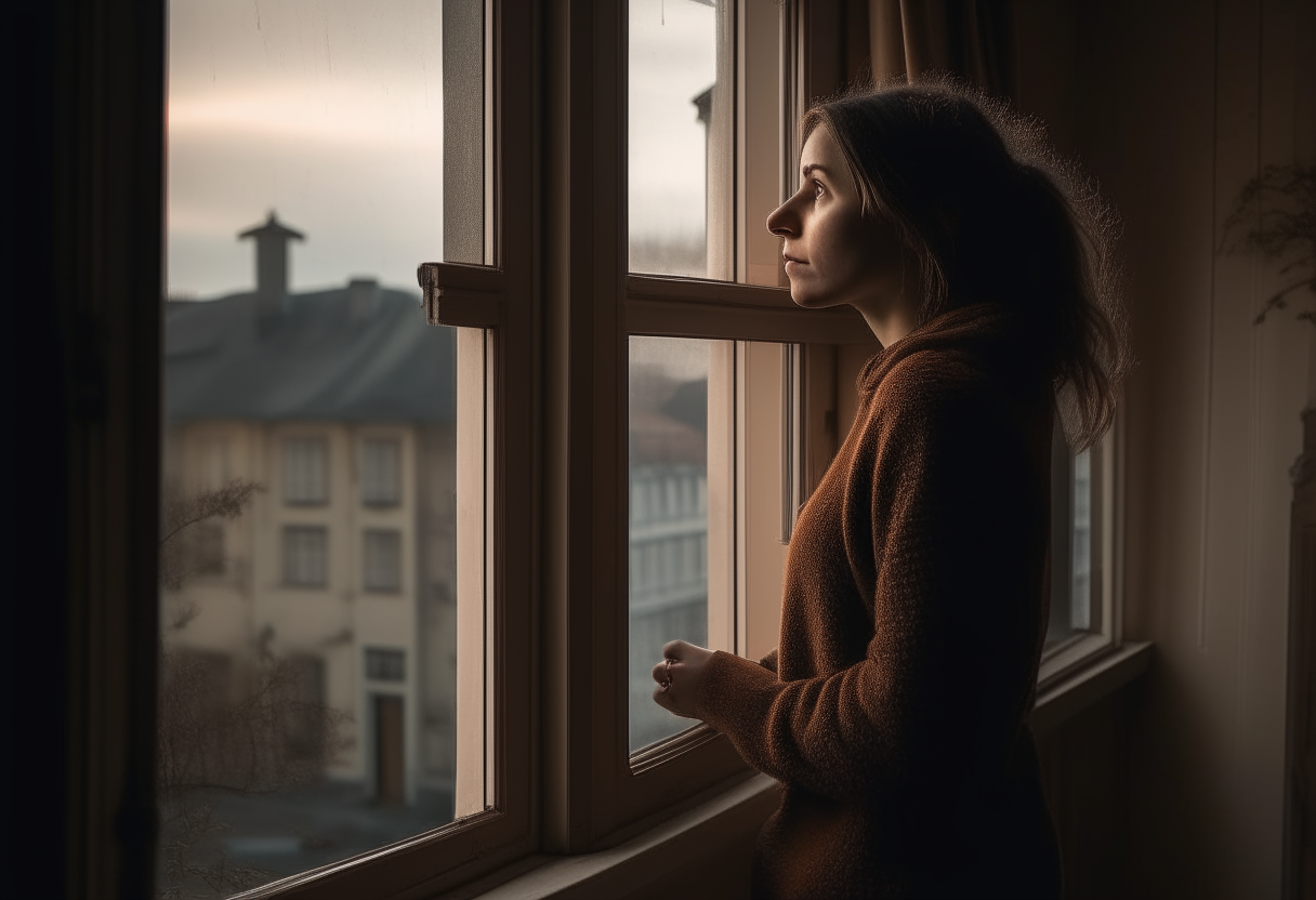 A woman stands alone at her window, gazing out at the town with a pensive expression as she reflects on buried family secrets now laid bare