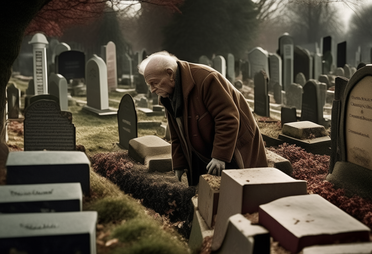 An elderly man tends to the graves of his parents in the Ravenswood cemetery, finding solace in putting old mysteries to rest