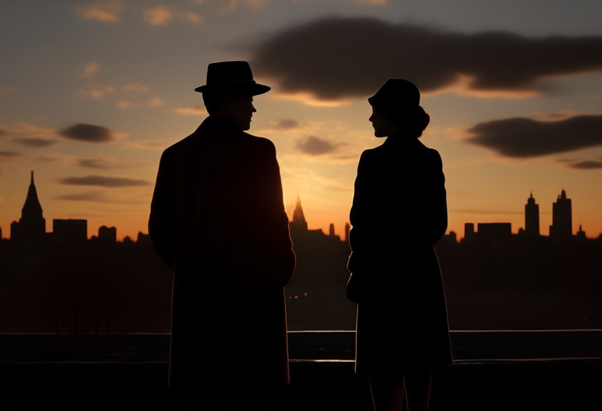 Detective Barnes and Evelyn stand gazing across the Ravenswood skyline at dusk, their silhouettes framed against the fading light. Though their partnership has ended, the town will forever bear the marks of the mystery they unravelled.
