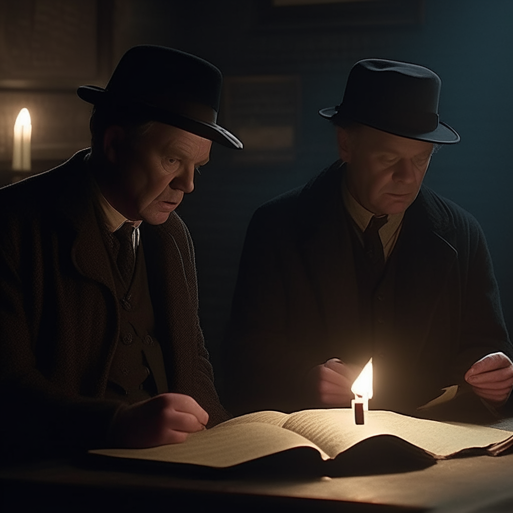 By the flickering light of candles, Detective Barnes and historian Sinclair stare intently at an age-worn journal, a chilling realization dawning as the cryptic passages resolve into a dark confession.