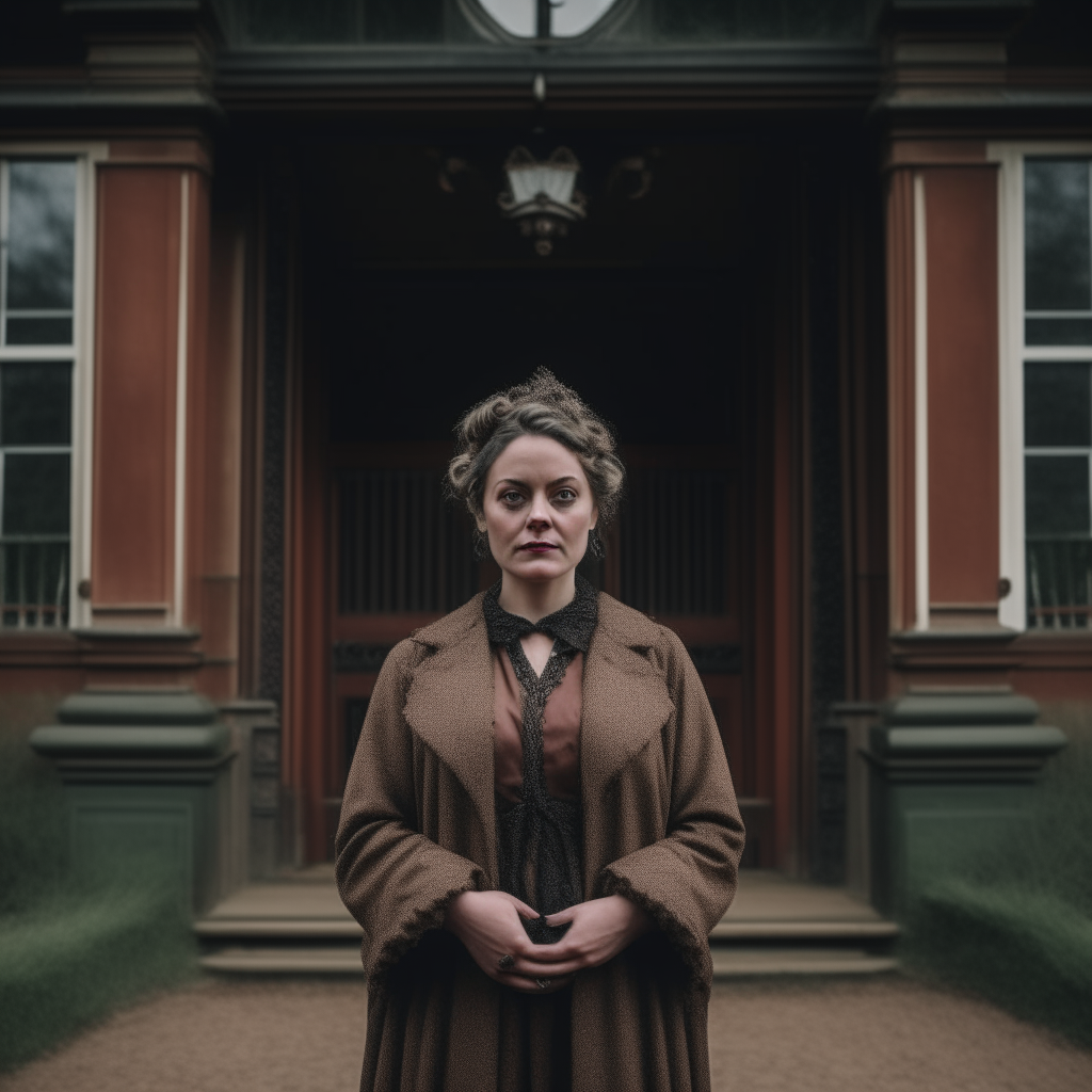 A medium shot of Emma Thornton, a historian with a macabre fascination, standing in front of the grand entrance of Ravenwood Manor. She wears an expression of curiosity and apprehension as she prepares to uncover the forgotten secrets within.