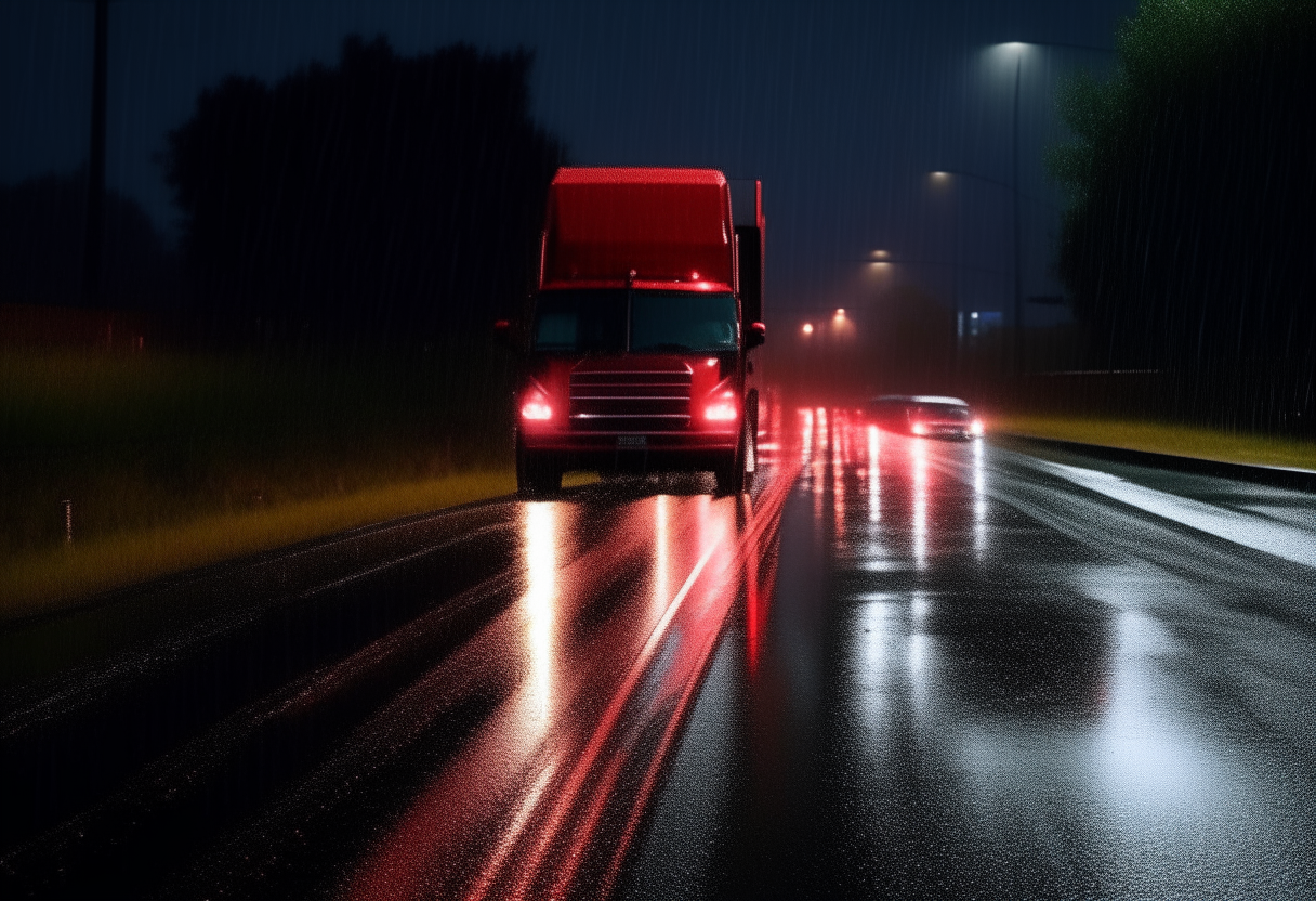 a dark, wet highway at night, seen from behind a large red truck, its brake lights illuminating the falling rain