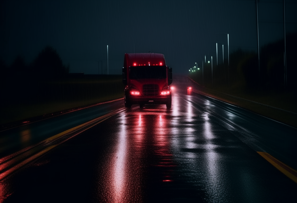 A dark highway at night, seen from behind as red brake lights recede into the distance on a large truck driving away through falling rain.