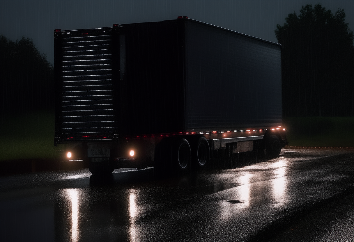 The dark silhouette of a large truck trailer, seen from behind at night, with side marker lights faintly illuminating the falling rain.