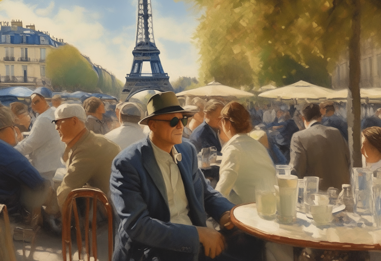 An impressionist painting of a man in a hat and sunglasses sitting at a sidewalk cafe, surrounded by people and with the Eiffel Tower in the background