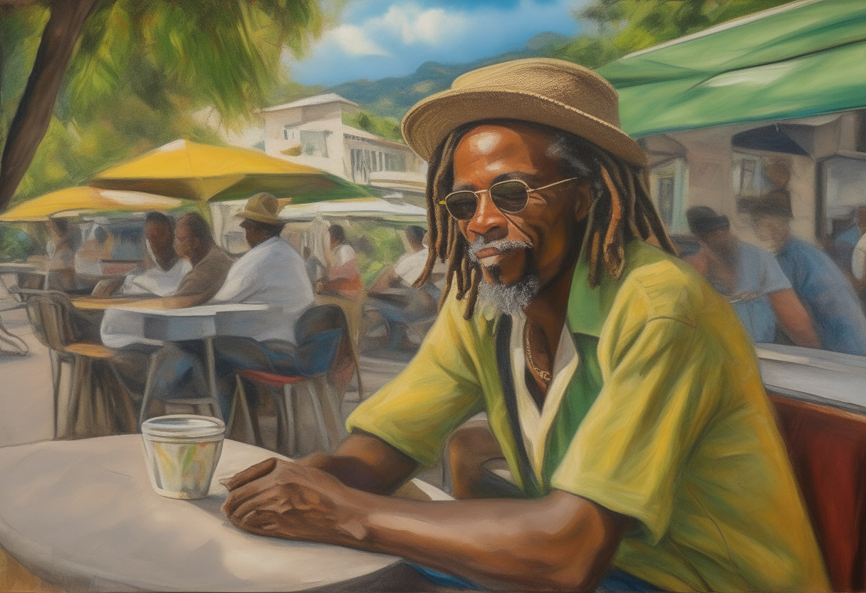 An impressionist painting of a Rastafari man in a hat and sunglasses sitting at a sidewalk cafe in Kingston, Jamaica, surrounded by people and with the buildings and hills of Kingston in the background