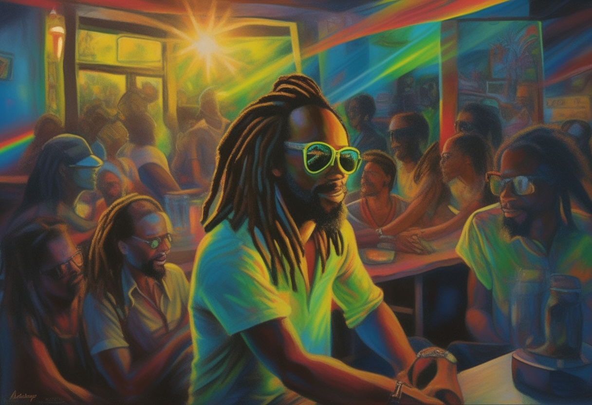 An impressionist painting of a DJ Rastafari man with sunglasses sitting at a nightclub in Kingston, Jamaica, surrounded by dancing people silhouetted against colorful lights and with the buildings and hills of Kingston visible through the windows