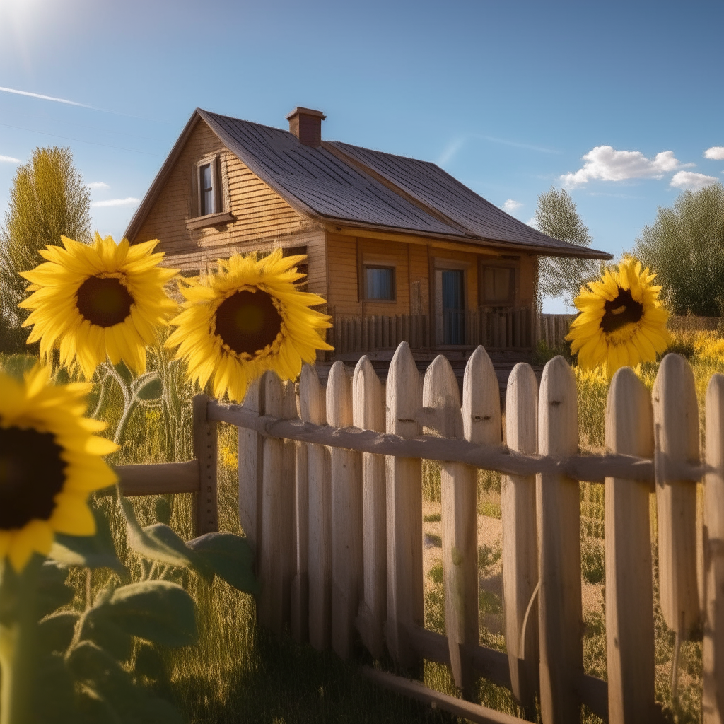 A cozy log house in a small village, with a picket fence and sunflowers growing behind it on a sunny afternoon