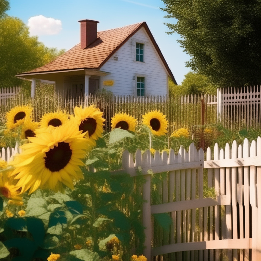 A charming village cottage with a fence and sunflowers along the path on a clear summer day