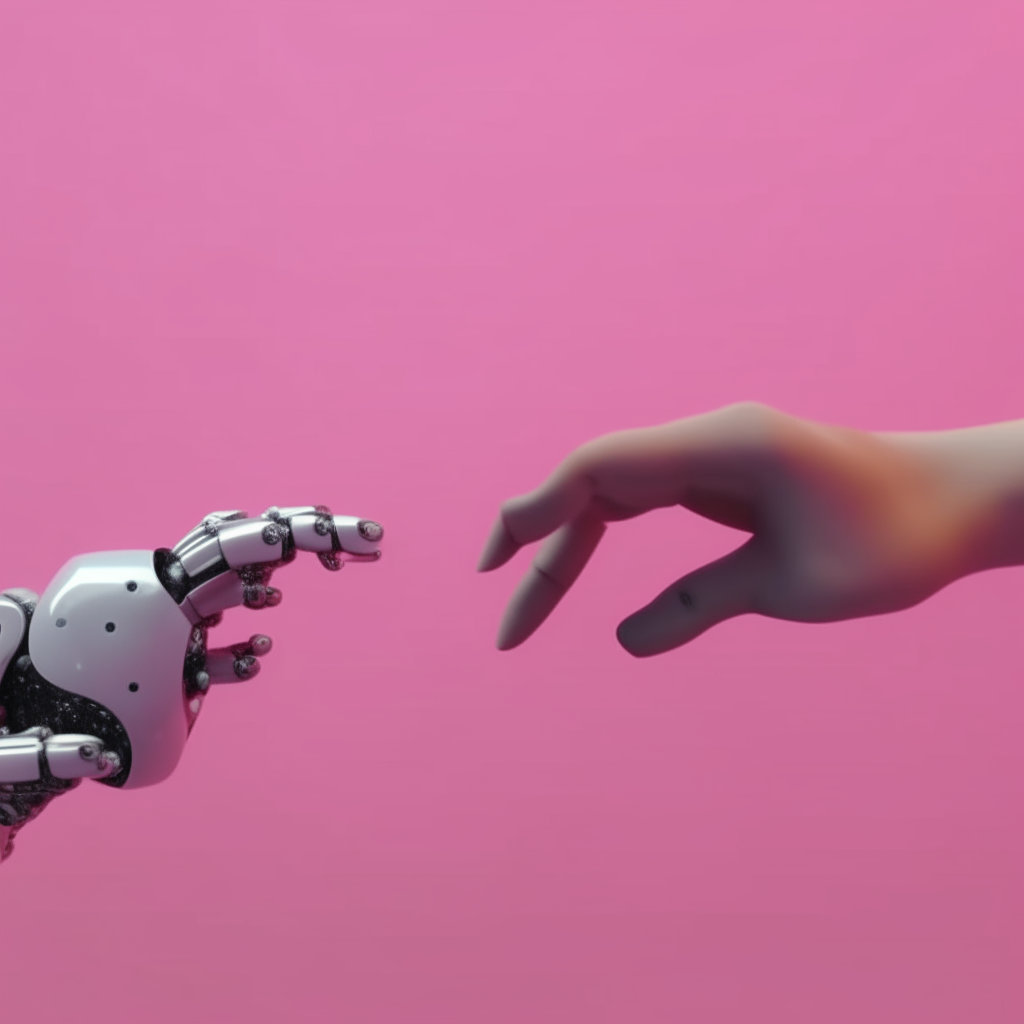 a hand holding a robot's hand in front of a pink background, with a robot head visible in the distance