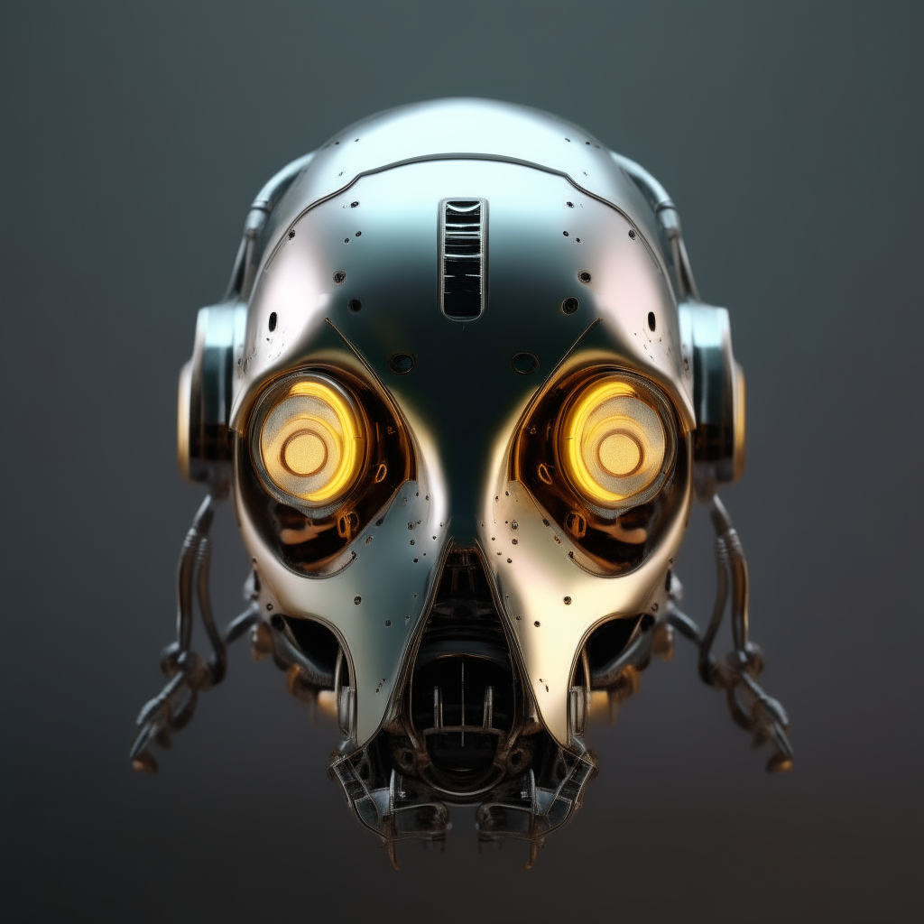 a robot head facing forward, metallic, with glowing eyes