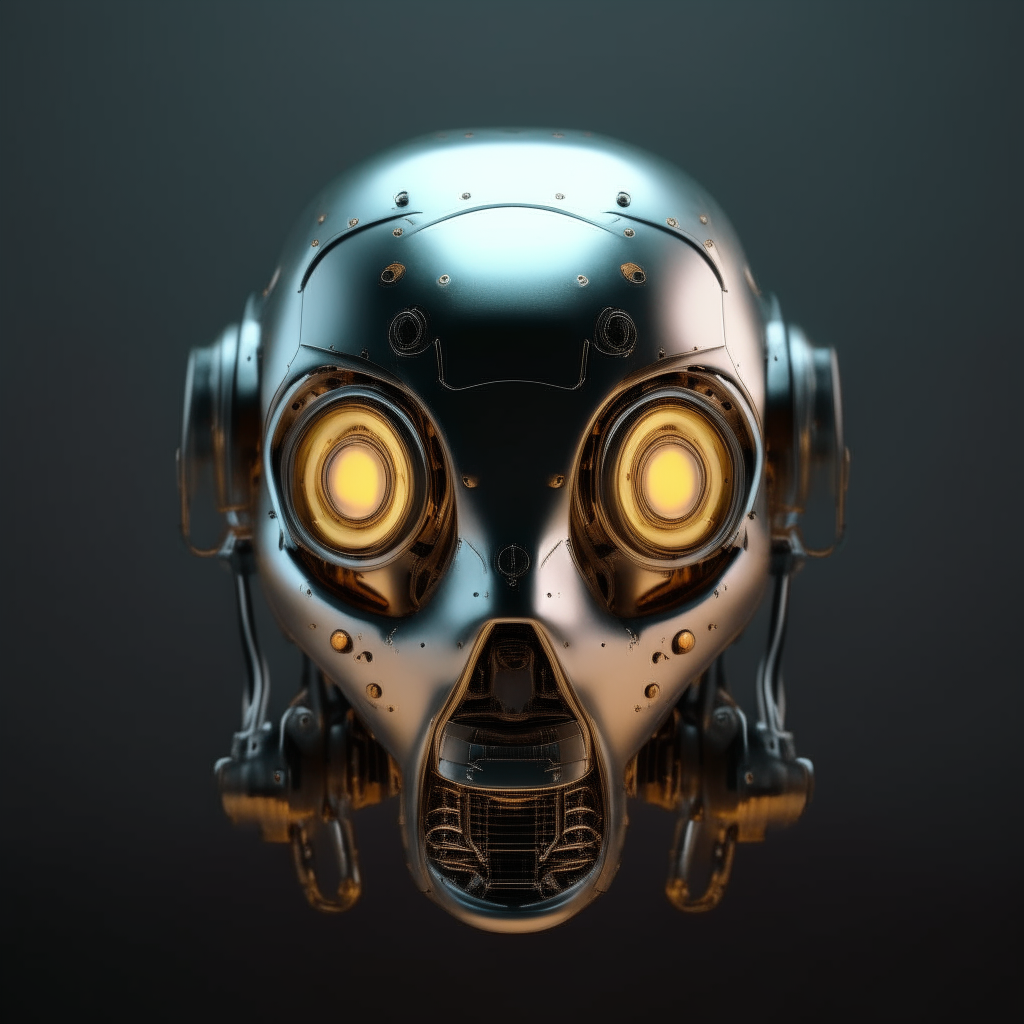 a robot head facing forward, metallic, with glowing eyes