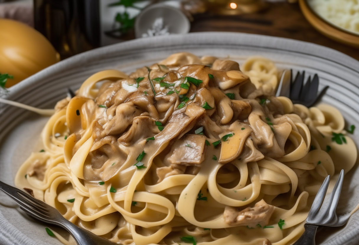 Crockpot Chicken Marsala, a sumptuous slice of American culinary heritage on a plate, tender golden-brown chicken breasts bathed in a luscious marsala wine sauce glistening under a velvety glaze, a bed of al dente fettuccine pasta elegantly coiled cradling the chicken, rustic American elements like a checkered tablecloth, vintage wooden spoon and fresh chives, soft warm lighting accentuating the dish's inviting appeal