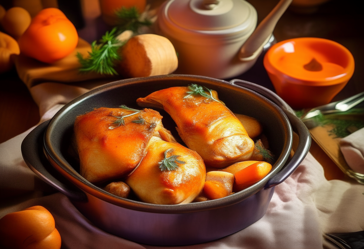 Crockpot Chicken and Sweet Potatoes, quintessential American comfort cuisine, generous plate of succulent chicken thighs and golden-brown sweet potato wedges, chicken glistening with honey and paprika glaze, sweet potatoes with fresh rosemary, checkered tablecloth, vintage cast iron skillet, soft warm lighting